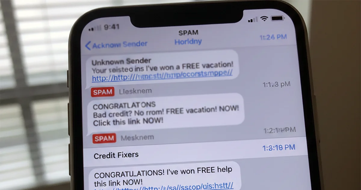 Person frustrated looking at phone full of spam text messages from companies after replying STOP